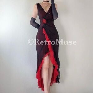 Jovani Romantic Vintage Red Black Silk Beaded Dress with Shawl Wrap 8 M